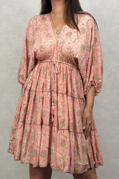 Azul Yarasa Kol Mini İpek Elbise - Toz Pembe Flor