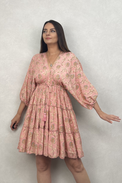 Azul Yarasa Kol Mini İpek Elbise - Toz Pembe Flor