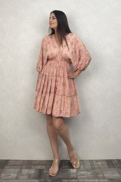 Azul Yarasa Kol Mini İpek Elbise - Toz Pembe Flor