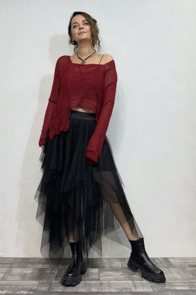 Pera Dikiş Detaylı Merserize Bluz - Kırmızı