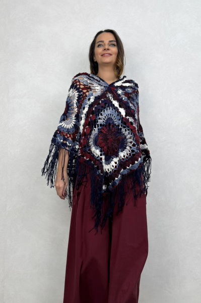 Hand Made Cadı Kapşonlu Panço - Lacivert Batik