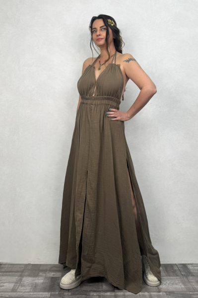 Lilith Müslin Elbise Neutral Brown -Doğal Kahve
