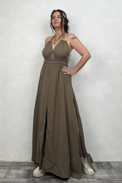Lilith Müslin Elbise Neutral Brown -Doğal Kahve