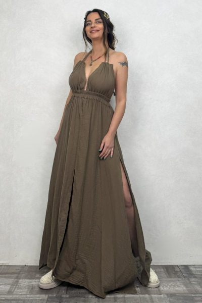 Lilith Müslin Elbise Neutral Brown -Doğal Kahve