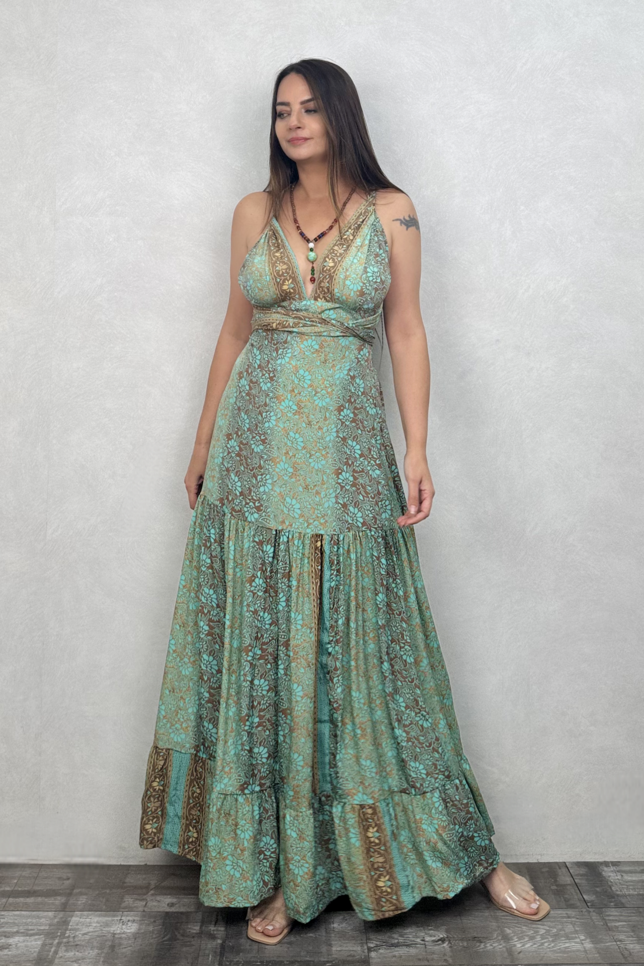 Aden İpek Elbise - Mint Gold