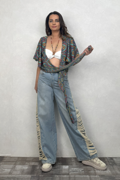 Yan Detaylı Bol Paça Kot Pantolon - Mavi