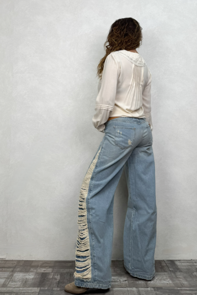 Yan Detaylı Bol Paça Kot Pantolon - Mavi