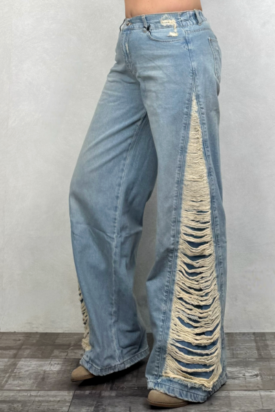 Yan Detaylı Bol Paça Kot Pantolon - Mavi