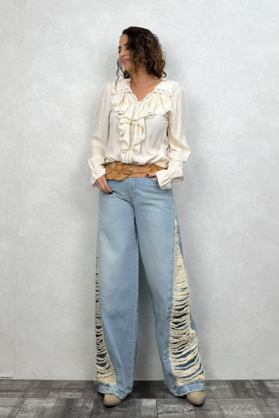 Yan Detaylı Bol Paça Kot Pantolon - Mavi