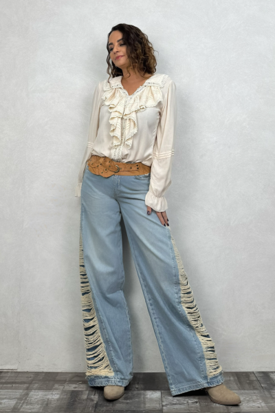 Yan Detaylı Bol Paça Kot Pantolon - Mavi