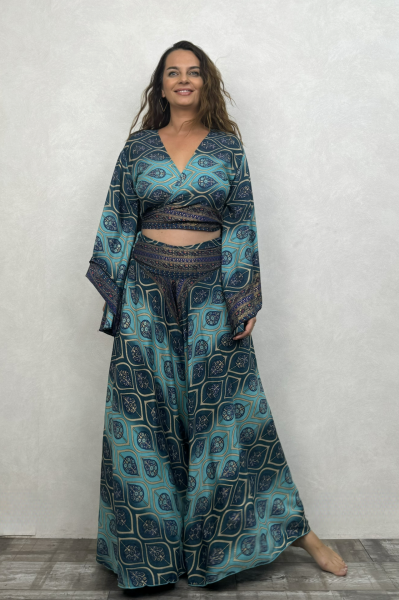 Palermo Kimono Kol İpek Takım - Mavi Kronos