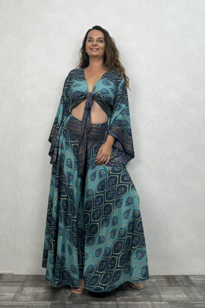 Palermo Kimono Kol İpek Takım - Mavi Kronos