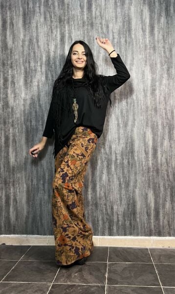 Baskılı Gabardin Pantolon Desenli Taba