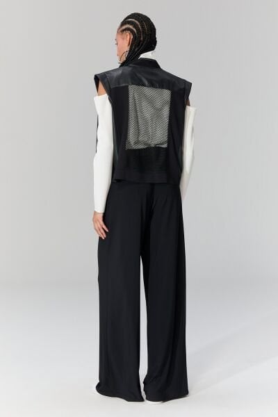 Lamante Deri Detaylı Rahat Pantolon - Siyah