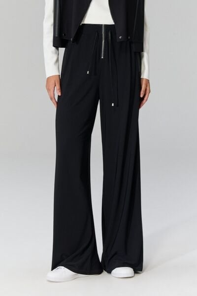 Lamante Deri Detaylı Rahat Pantolon - Siyah