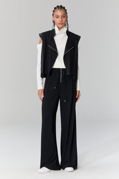 Lamante Deri Detaylı Rahat Pantolon - Siyah