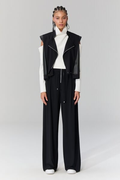 Lamante Deri Detaylı Rahat Pantolon - Siyah