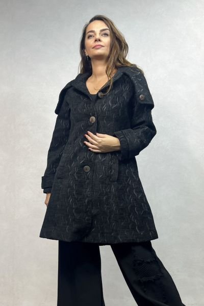 Kapşon Şal Yaka Hand Made Kışlık Ceket - Siyah Desenli