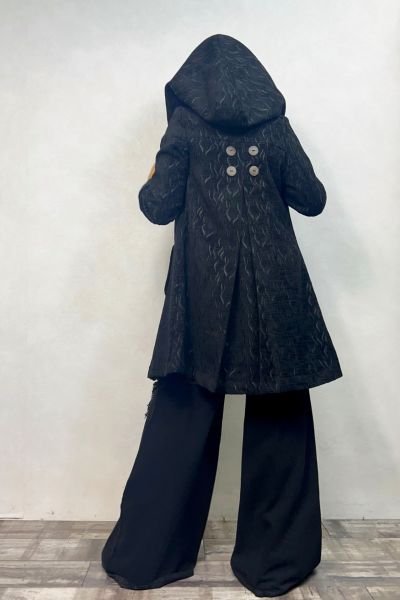Kapşon Şal Yaka Hand Made Kışlık Ceket - Siyah Desenli