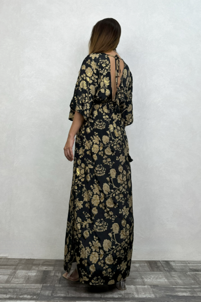 Rachel V Yaka İpek Elbise - Siyah Gold