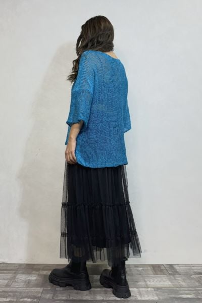 Merserize Bluz ve Tül Etek Kombin - Gök Mavi Siyah