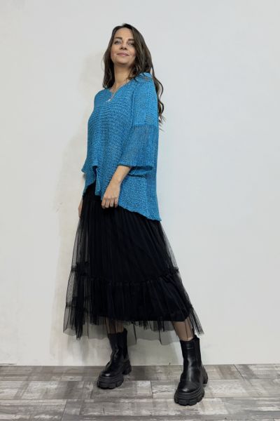 Merserize Bluz ve Tül Etek Kombin - Gök Mavi Siyah