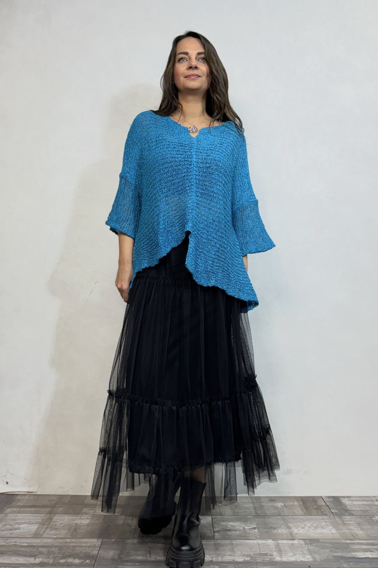 Merserize Bluz ve Tül Etek Kombin - Gök Mavi Siyah