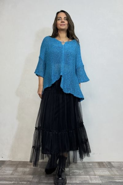 Merserize Bluz ve Tül Etek Kombin - Gök Mavi Siyah