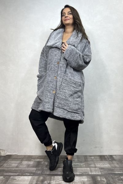Puffy Peluş Oversize Ceket - Gri