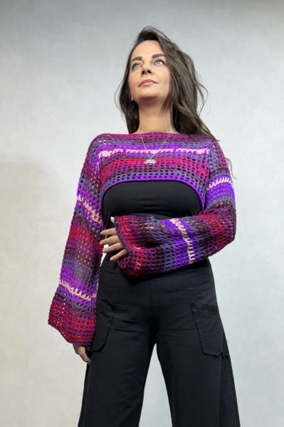 İspanyol Kol File Örgü Bolero- Mor Batik