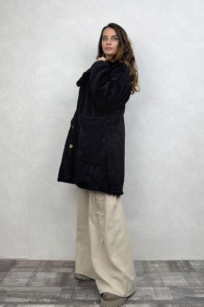 Puffy Peluş Oversize Ceket - Siyah