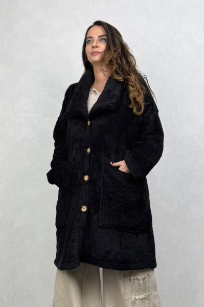 Puffy Peluş Oversize Ceket - Siyah