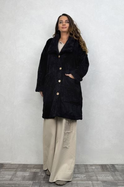 Puffy Peluş Oversize Ceket - Siyah