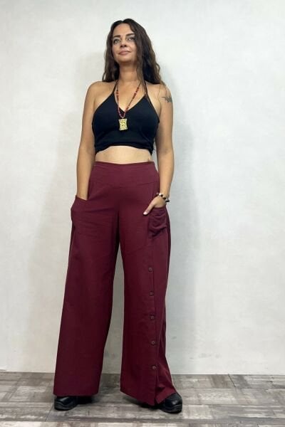 Bera Düğme Detay Pantolon - Bordo