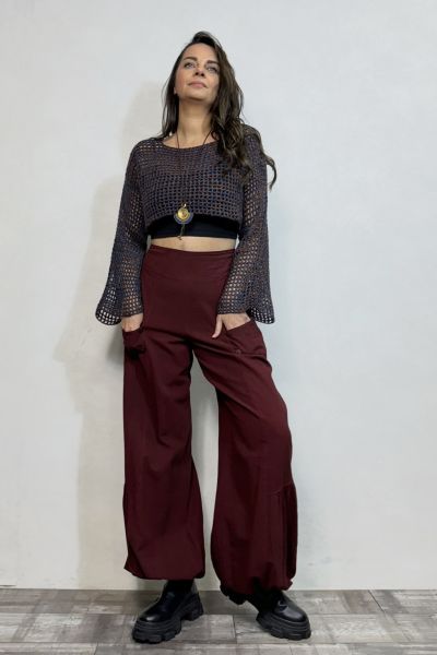 İspanyol Kol File Örgü Crop Bluz- Lacivert Batik