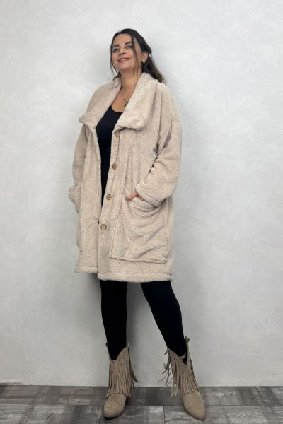 Puffy Peluş Oversize Ceket - Krem