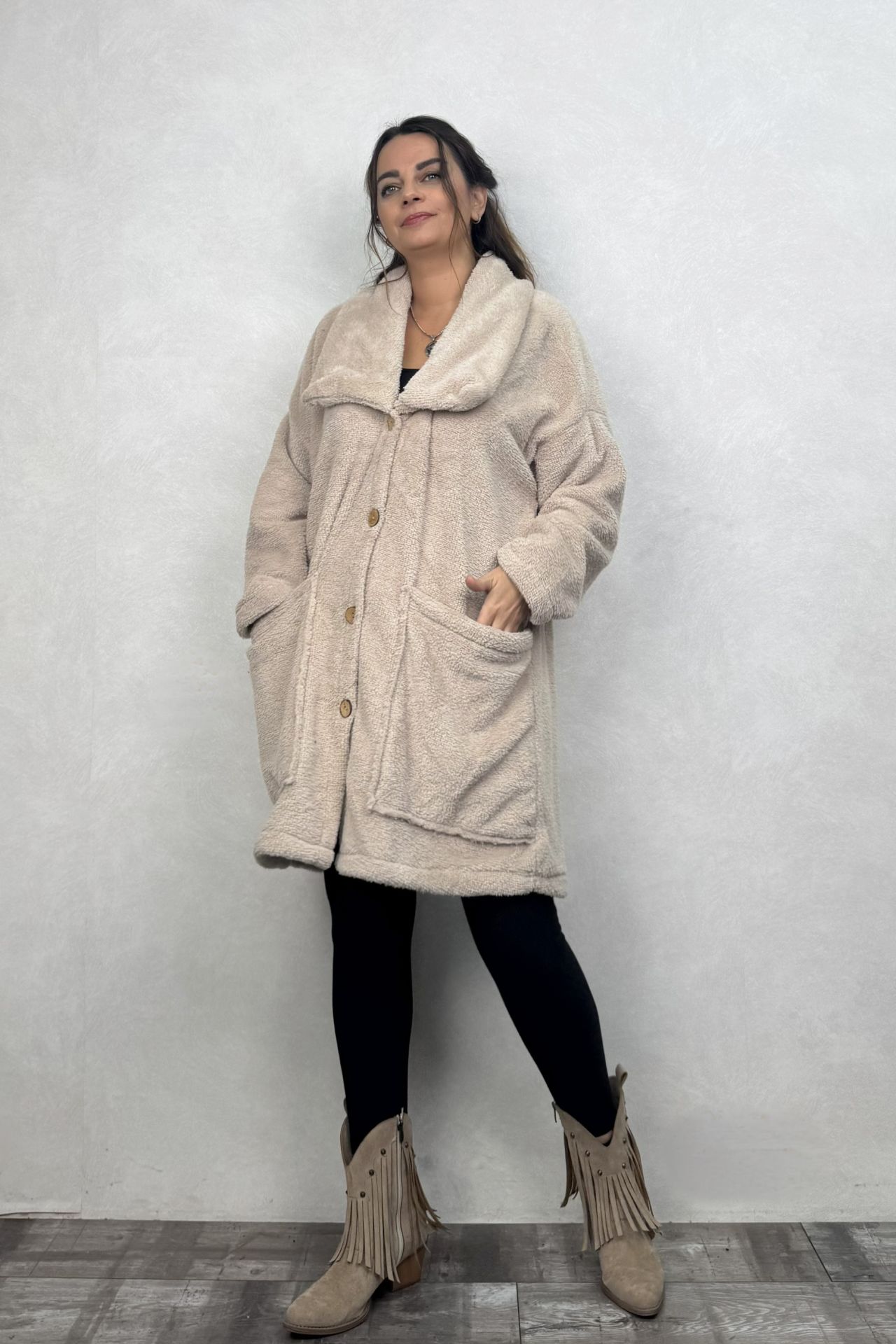 Puffy Peluş Oversize Ceket - Krem