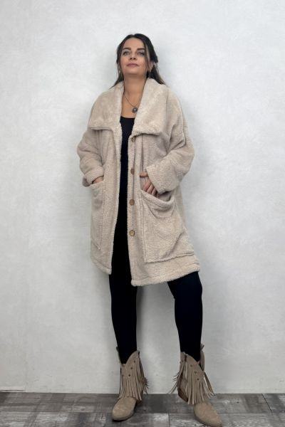 Puffy Peluş Oversize Ceket - Krem