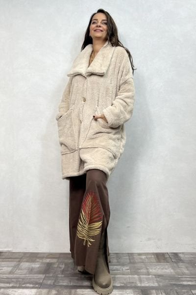 Puffy Peluş Oversize Ceket - Krem