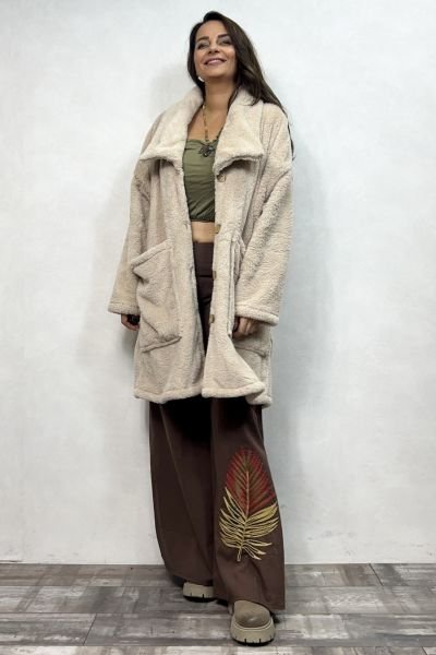 Puffy Peluş Oversize Ceket - Krem