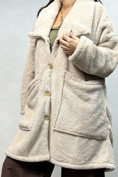Puffy Peluş Oversize Ceket - Krem
