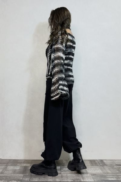 Kayık Yaka İspanyol Örgü Kazak - Siyah Beyaz Batik