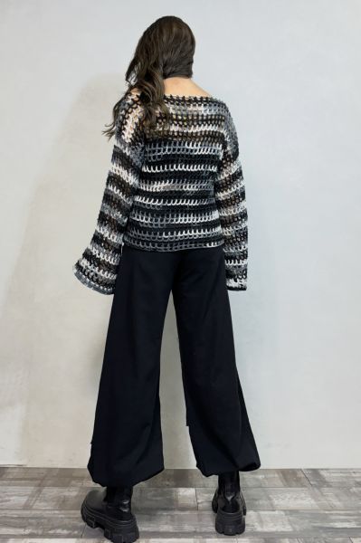 Kayık Yaka İspanyol Örgü Kazak - Siyah Beyaz Batik