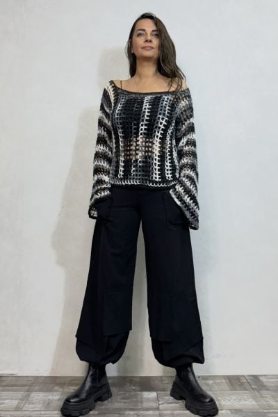 Kayık Yaka İspanyol Örgü Kazak - Siyah Beyaz Batik