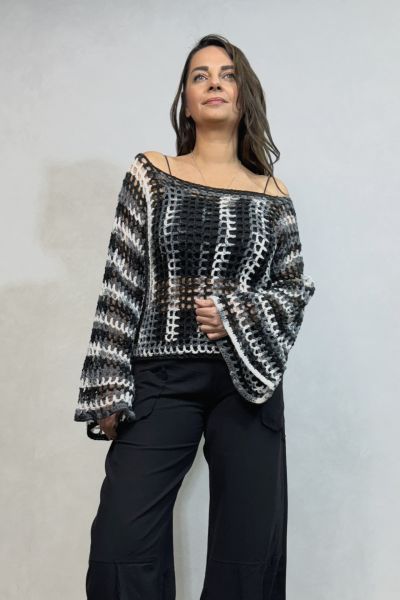 Kayık Yaka İspanyol Örgü Kazak - Siyah Beyaz Batik