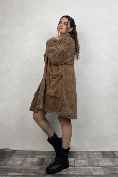 Puffy Peluş Oversize Ceket - Kahverengi