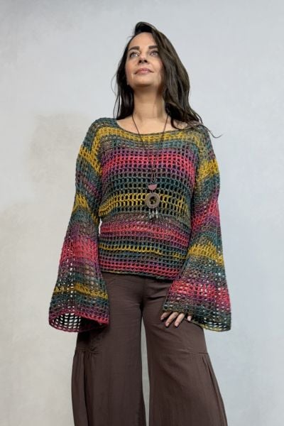 Kayık Yaka İspanyol Örgü Kazak - Gökkuşağı Batik