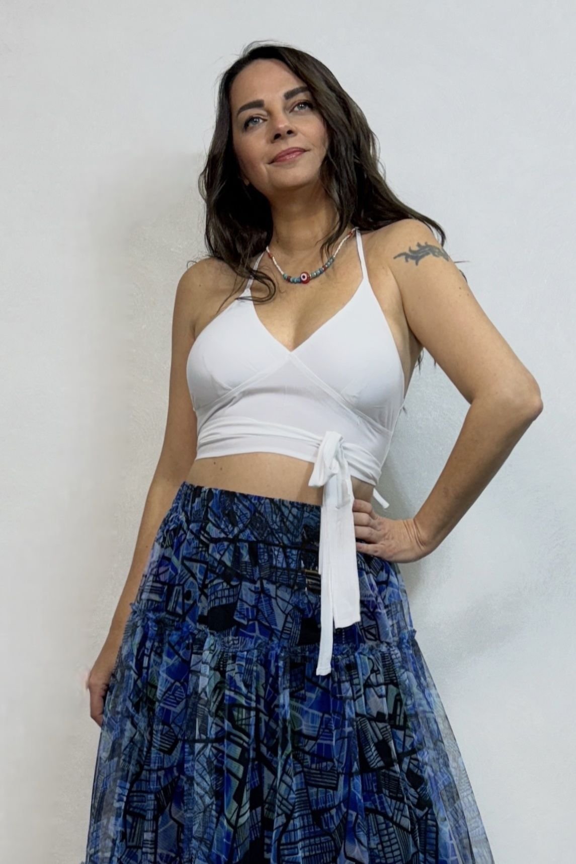 Boyundan Bağlamalı Kuplu Crop Bluz - Beyaz