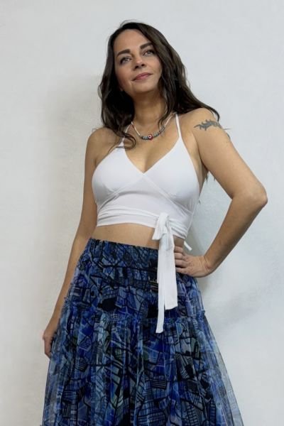Boyundan Bağlamalı Kuplu Crop Bluz - Beyaz