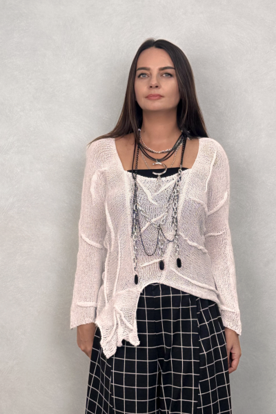 Pera Dikiş Detaylı Merserize Bluz - Beyaz